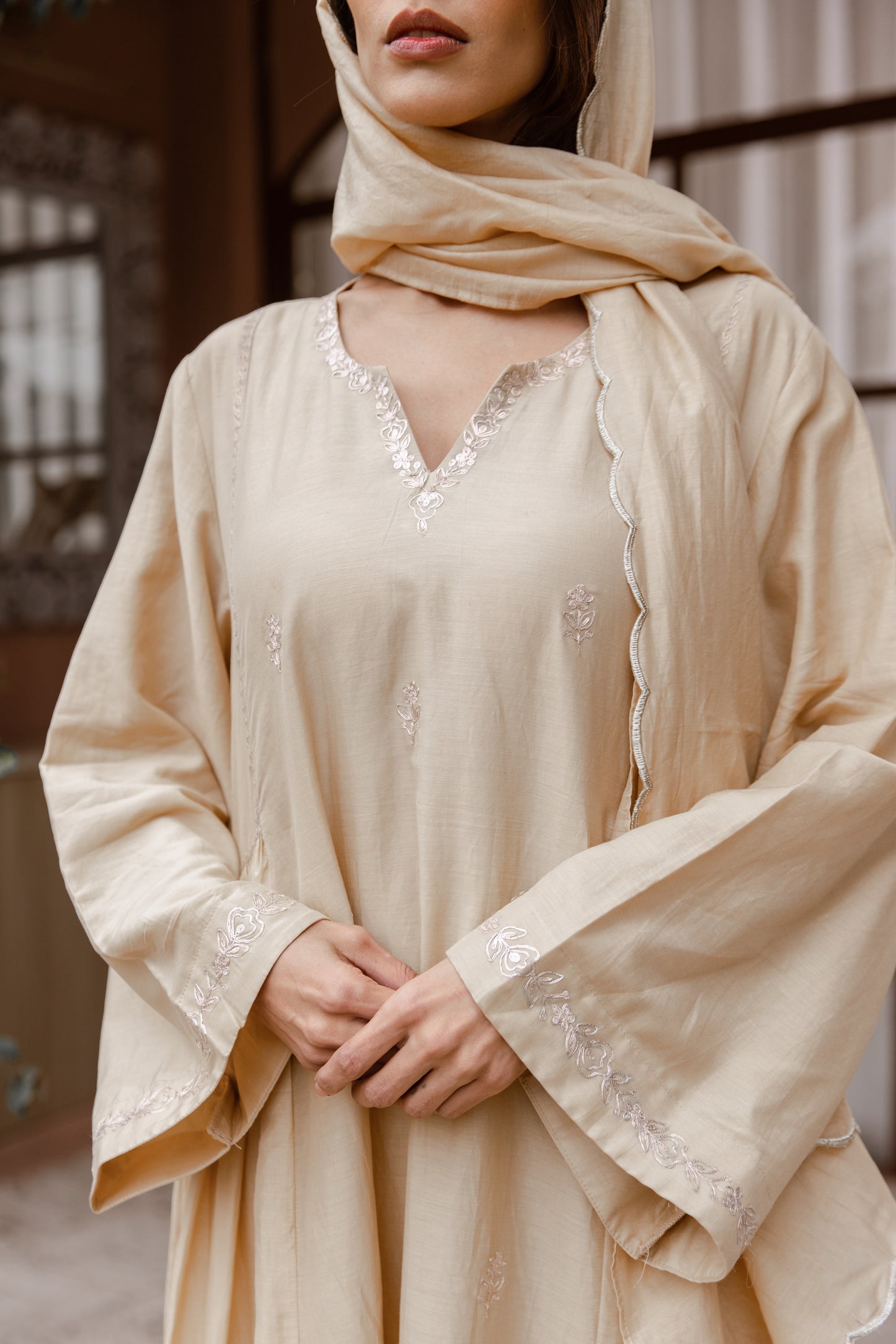 Beige Kaftan with Scarf