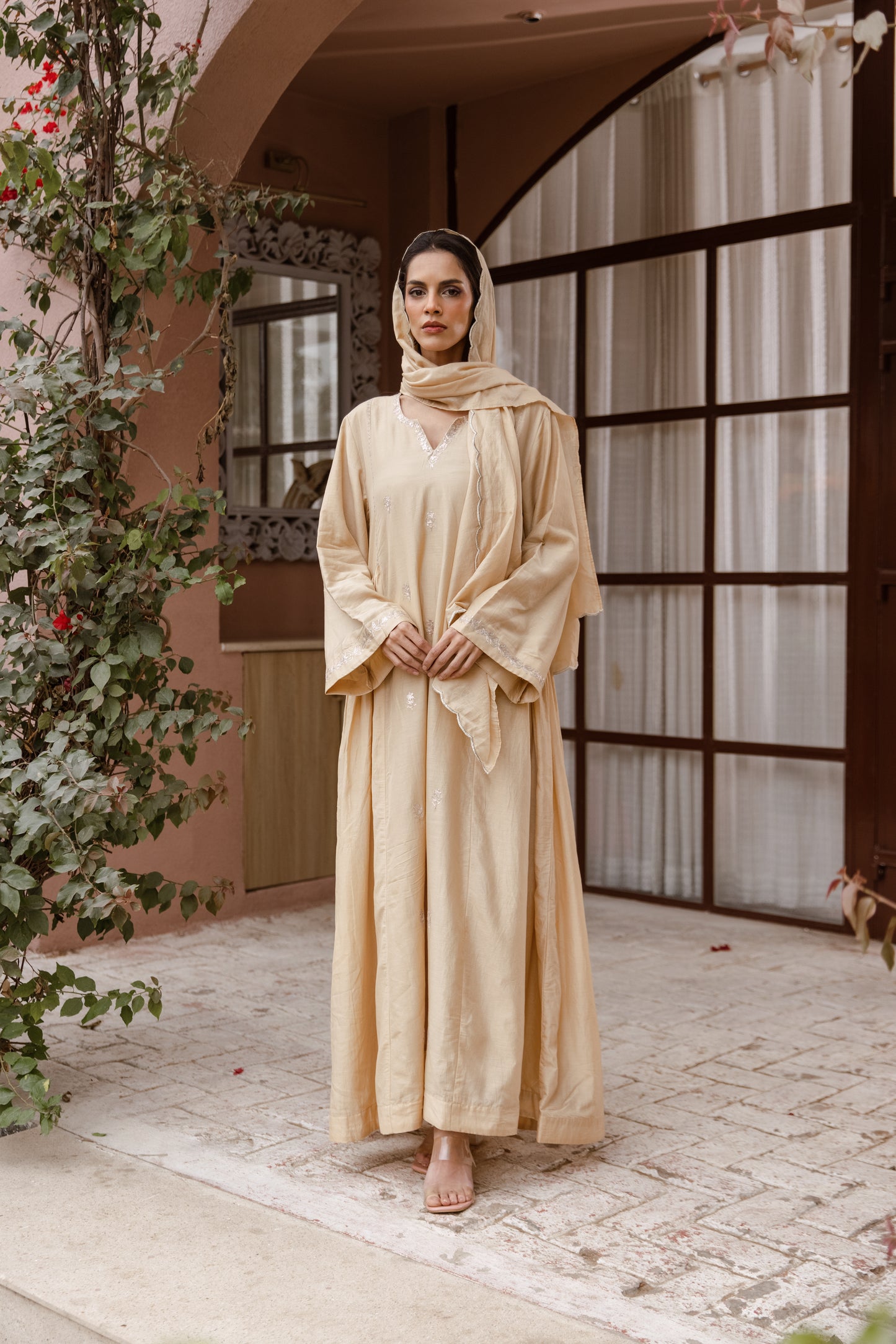 Beige Kaftan with Scarf
