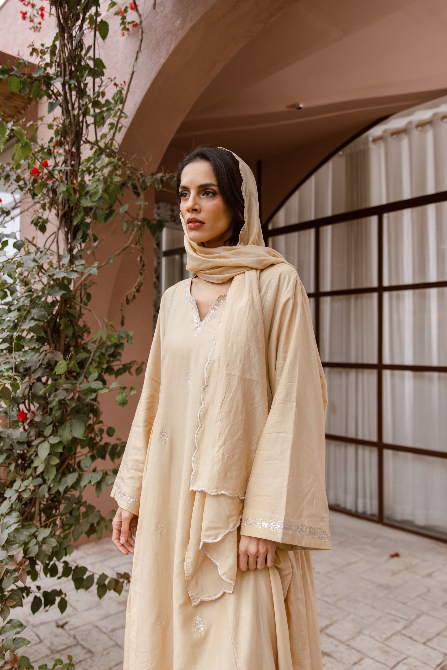 Beige Kaftan with Scarf