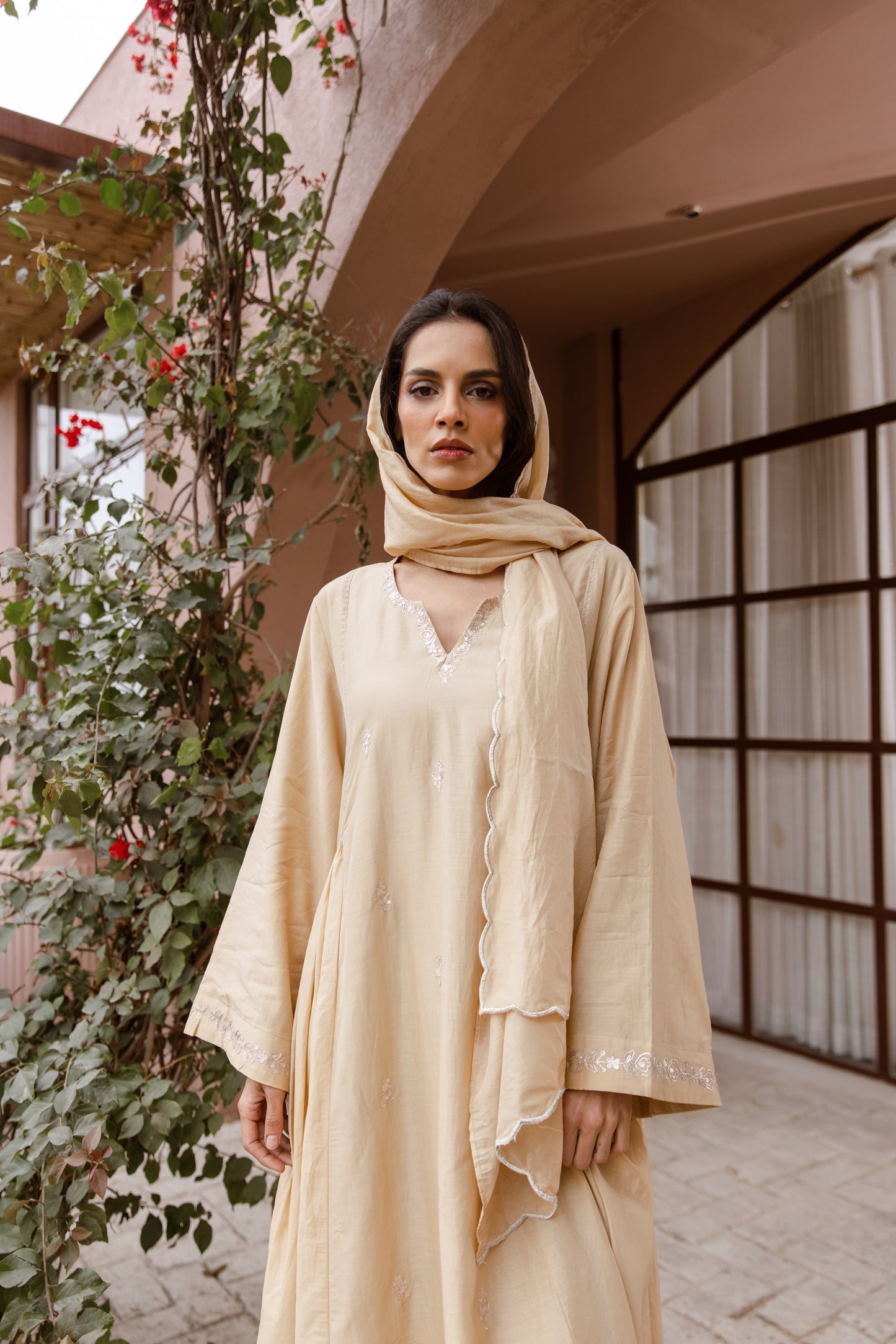 Beige Kaftan with Scarf